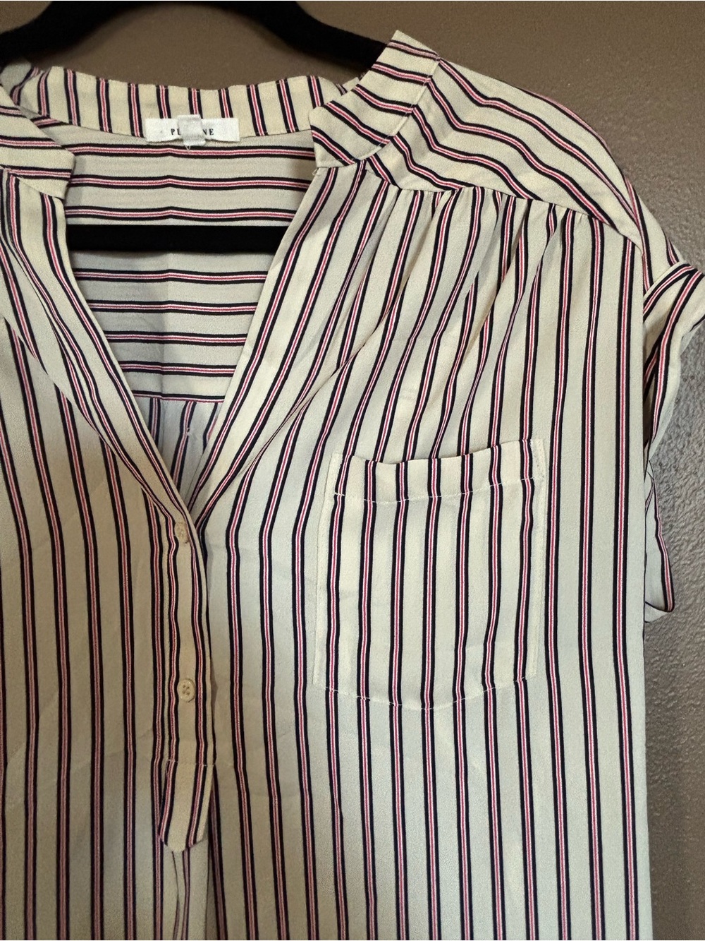 PLEIONE MEDIUM Striped Short-Sleeve V-Neck Blouse - Cream with Burgundy Stripes - Picture 2 of 3